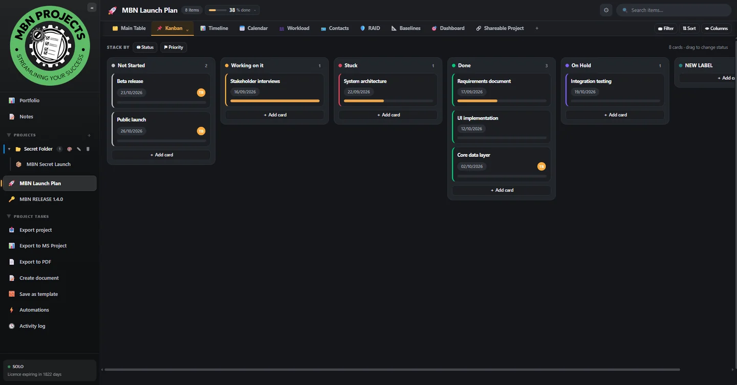 MBN Projects board with automations in the sidebar