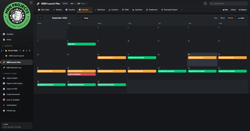 MBN Projects calendar view