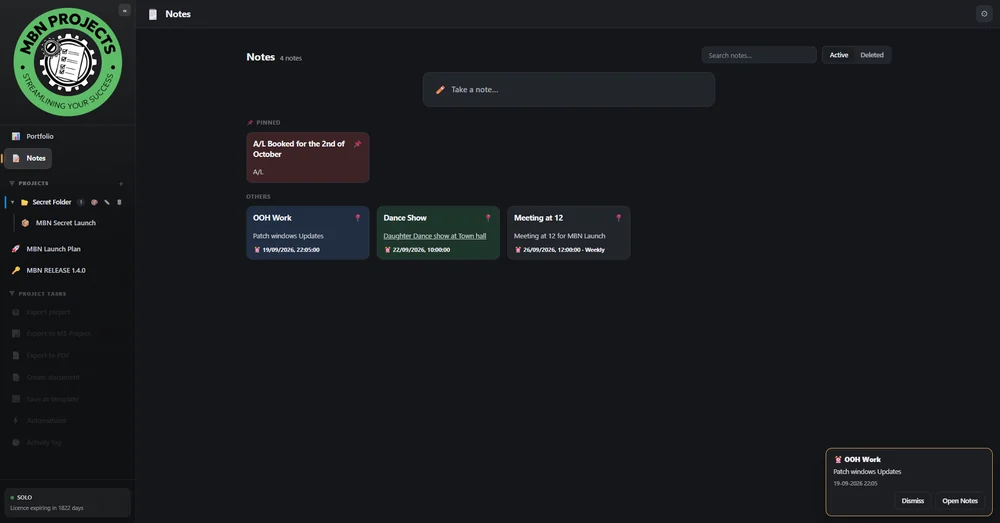 MBN Projects Notes view